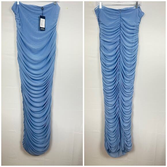 NWT CLUB L LONDON Maternity Blue Strapless Bodycon Ruched Mesh Midi Dress US 8 - Picture 4 of 11